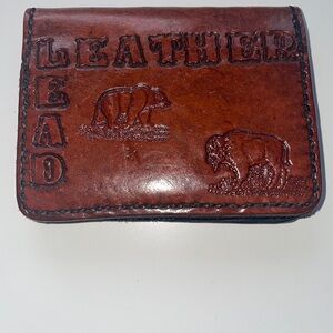 Handmade Vintage Brown Genuine Leather Wallet Bifold Animal Engraving USA VTG